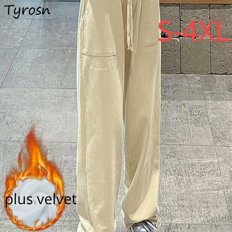 Apricot Casual Pants Women Plus Velvet Vintage Simple Baggy Trendy Straight Streetwear All-match Chic Harajuku Ulzzang  New