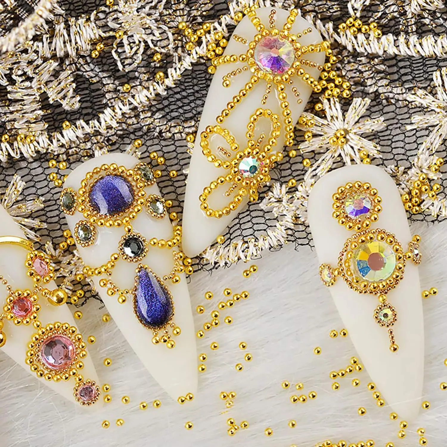 3D 캐비아 네일 비즈, 금속 네일 참, 골드 실버 스틸 비즈 쥬얼리, 혼합 크기, 네일 장식