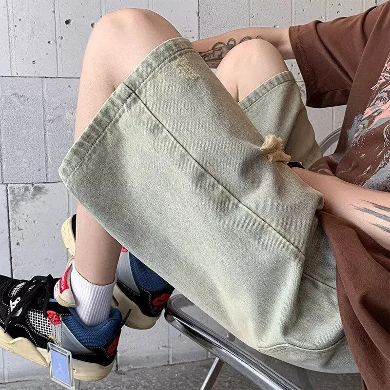 Summer Distressed Ripped Jorts Mens Drawstring Retro Fashion Denim Shorts Hombre Y2K Streetwear Baggy Short Jeans Blue Bermuda