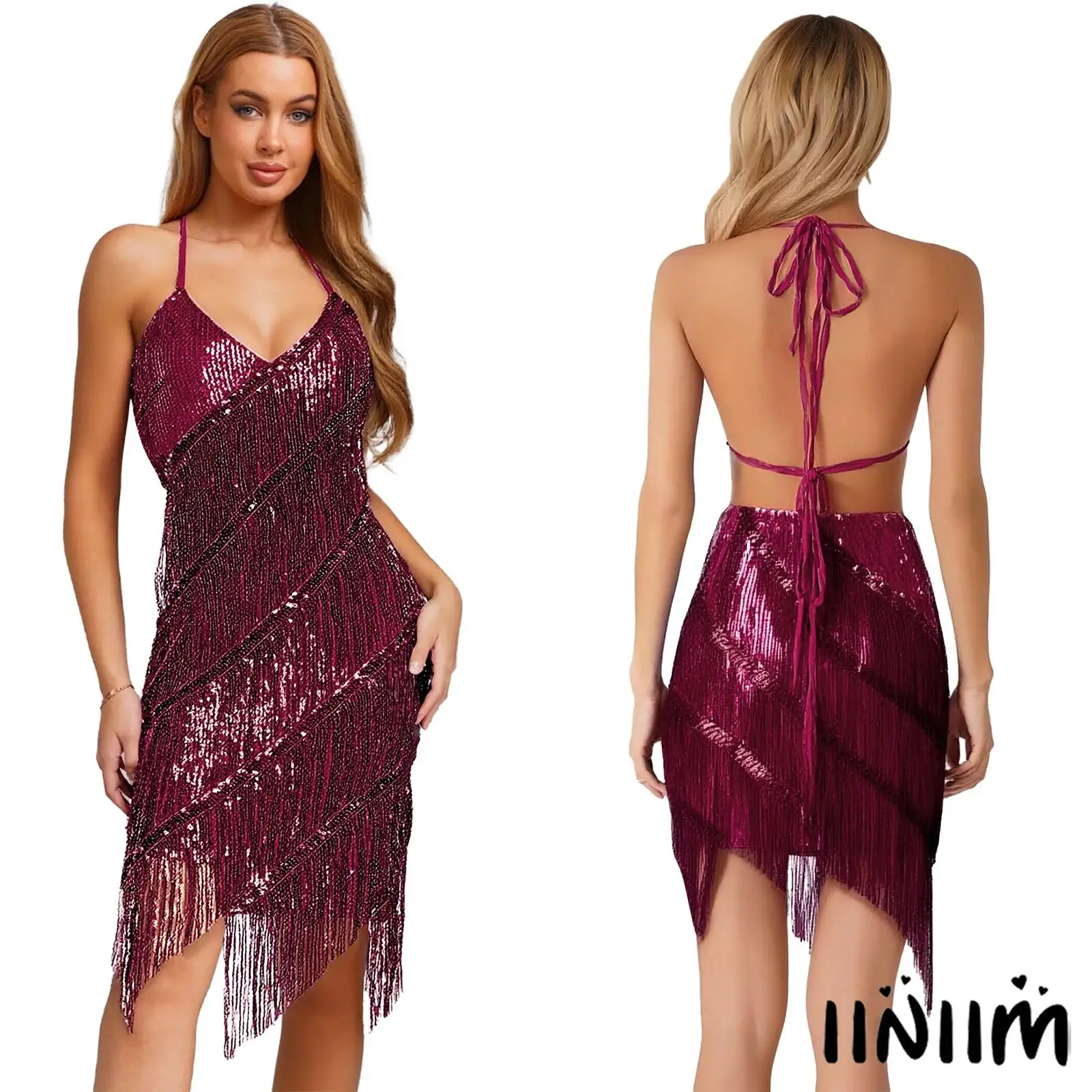 ชุดเต้นลาตินสำหรับผู้หญิง คอวี เปิดหลัง แต่งระบายเลื่อมพู่ห้อย ทรงเข้ารูป มินิเดรส สำหรับเต้นชาช่า รุมบ้า ซัลซ่า ลาติน บัลเลต์