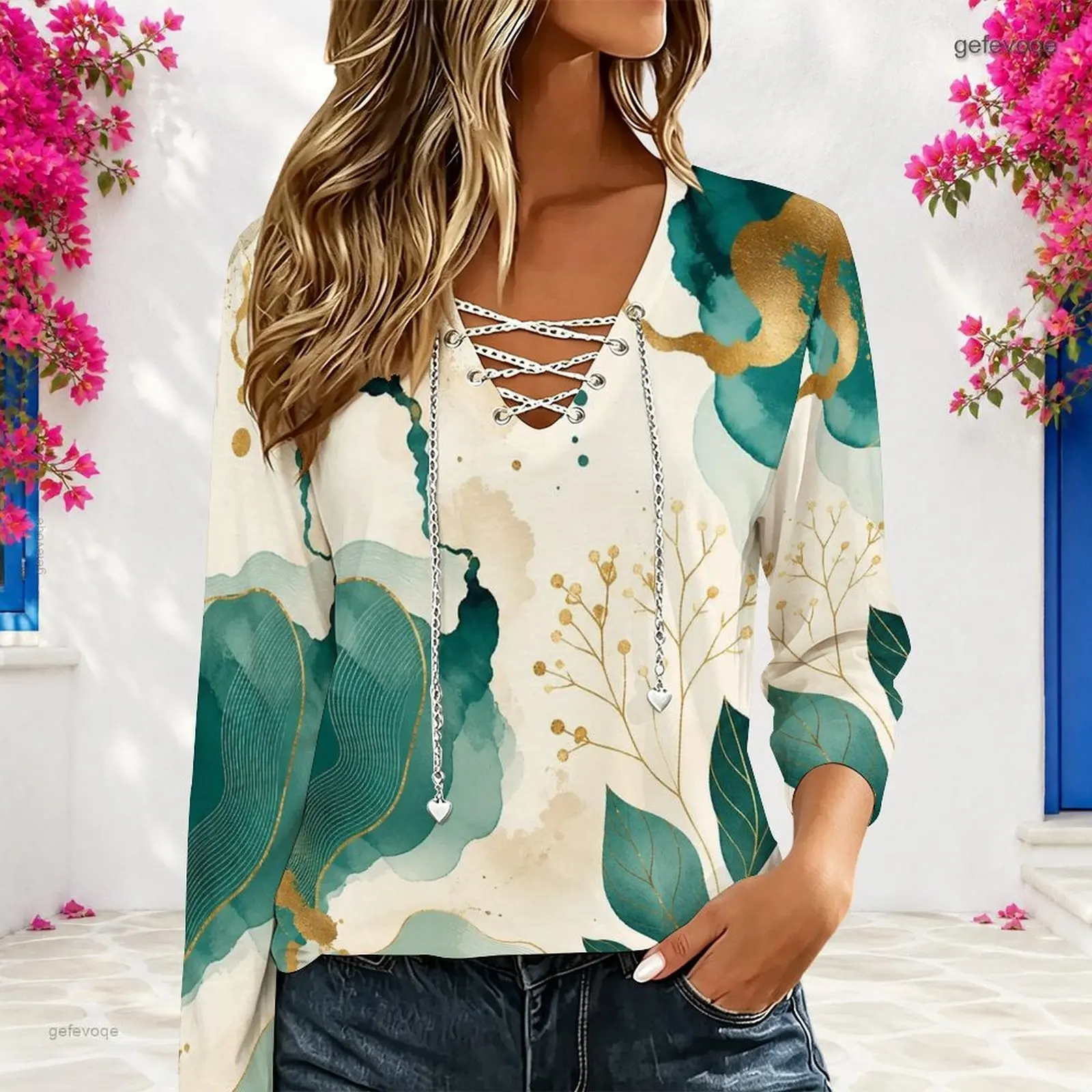 Women Printed V Neck Chain Lace Up Long Sleeve Top, Green Abstract Gold Leaf Pattern