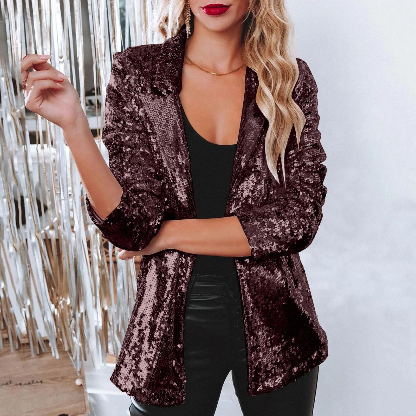 Lapel Women Blazer Elegant Shinny Sequins Office Lady Blazers Spring Summer Casual Long Sleeve Fashion Slim Female Jacket Coat