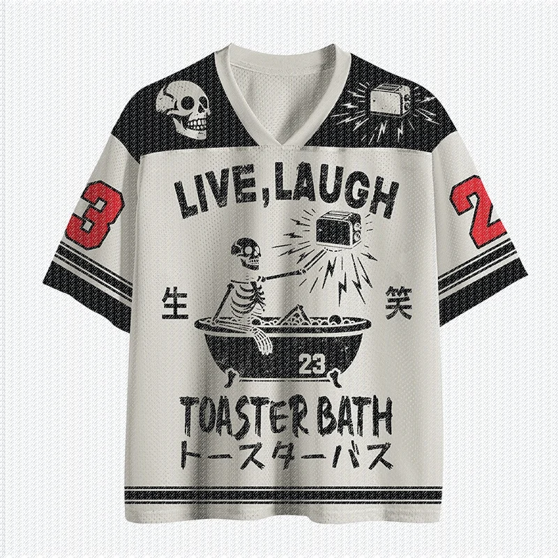 V Neck White Black Color Block Mesh Jersey T Shirt Skeleton Bathtub Toaster Graphic Number Print Retro Punk Streetwear Top