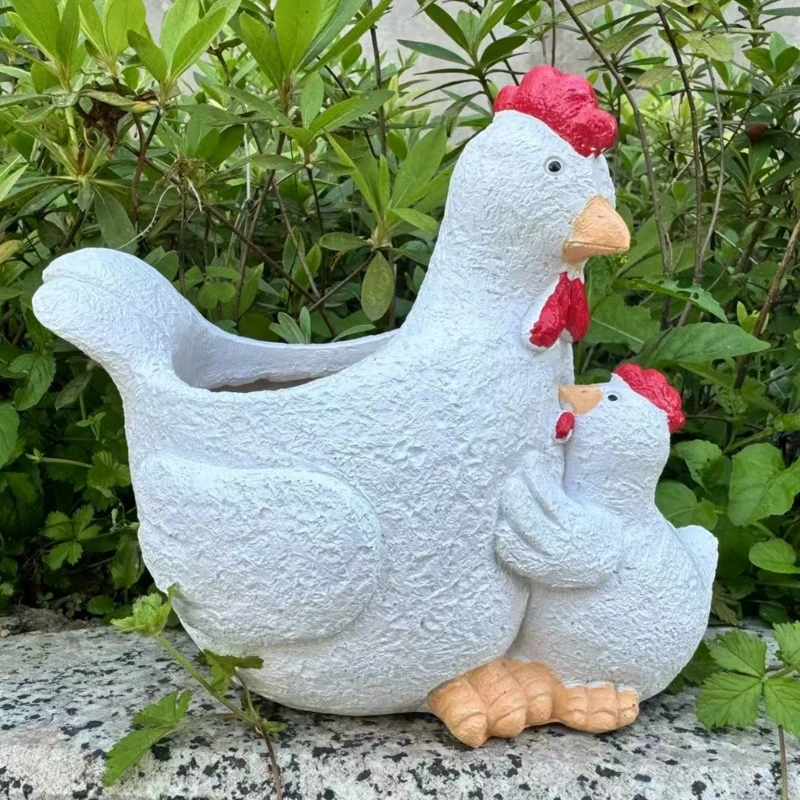 Resin Chicken Sculpture with Hen and Baby Chick Design, Decorative Small Planter Pot, Flower Arrangement Container for Entryway,