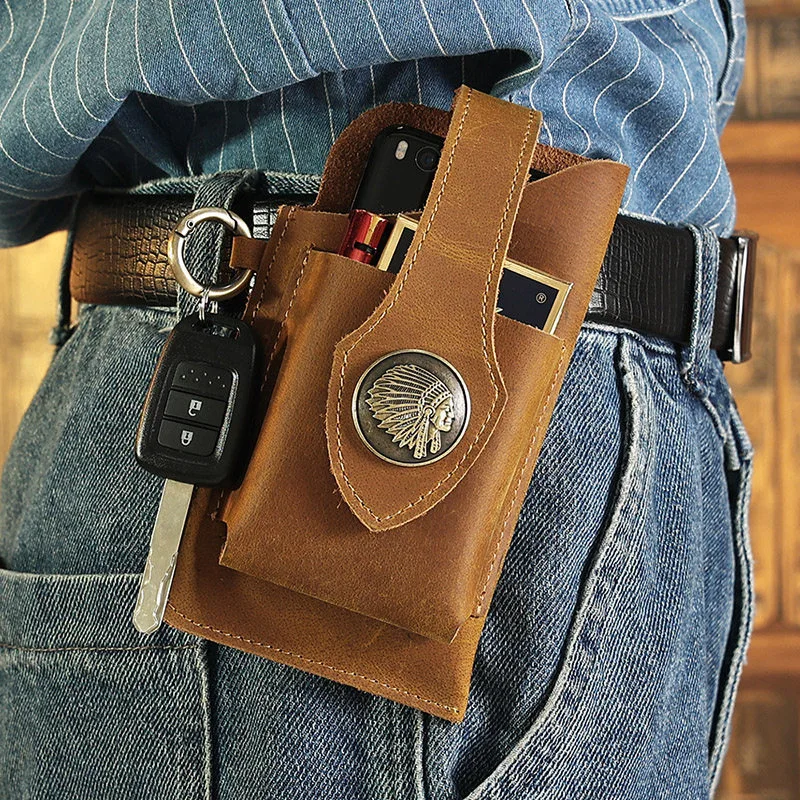 Genuine leather mobile phone cladding cowhide fanny pack can be worn belt, simple personalized mobile phone / cigarette case bag