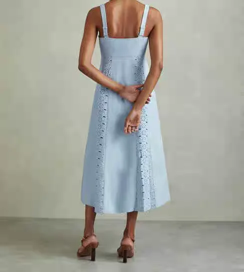 Women Linen Tank Dress Blue Embroidered Sleeveless Suspender midi dress