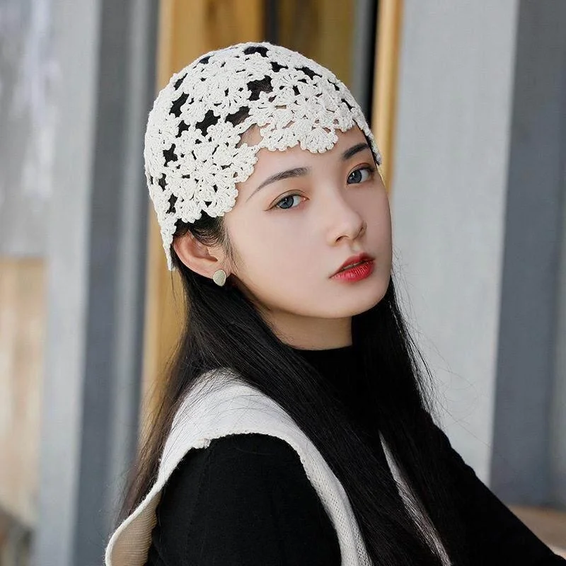 Princess Style Knitted Hat Handmade Lace Cotton Thread Summer Thin Breathable Women's Hat Vintage Aesthetic Head Cover