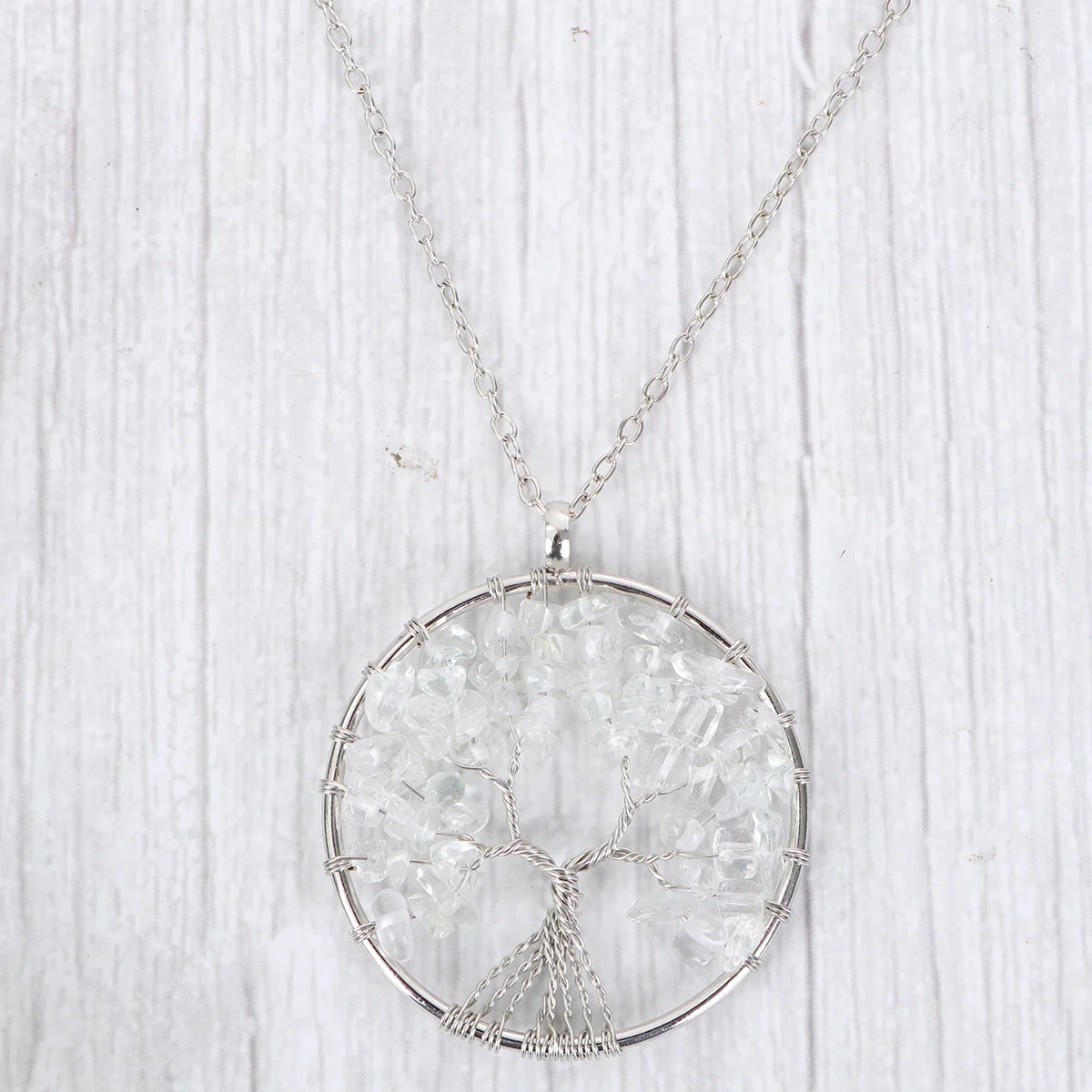 Natural Gravel Crystal Tree Pattern Necklace Natural Stone Fortune Tree Creative Pendant Jewelry for Women Girls (White Crystal)