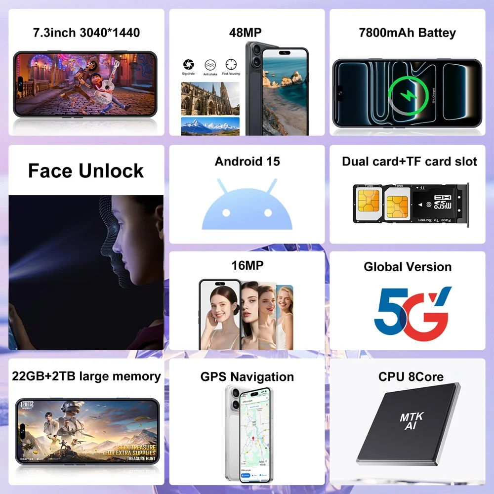 K-Touch Mobile Phones For 17 Pro Max Smartphone Android 5G Cell Phone 22GB RAM 2TB ROM 7.3 Inch HD Full Display 7800mAh Battery 48MP Camera Face Recognition 5G Dual SIM Unlocked Android 15 Smartphone