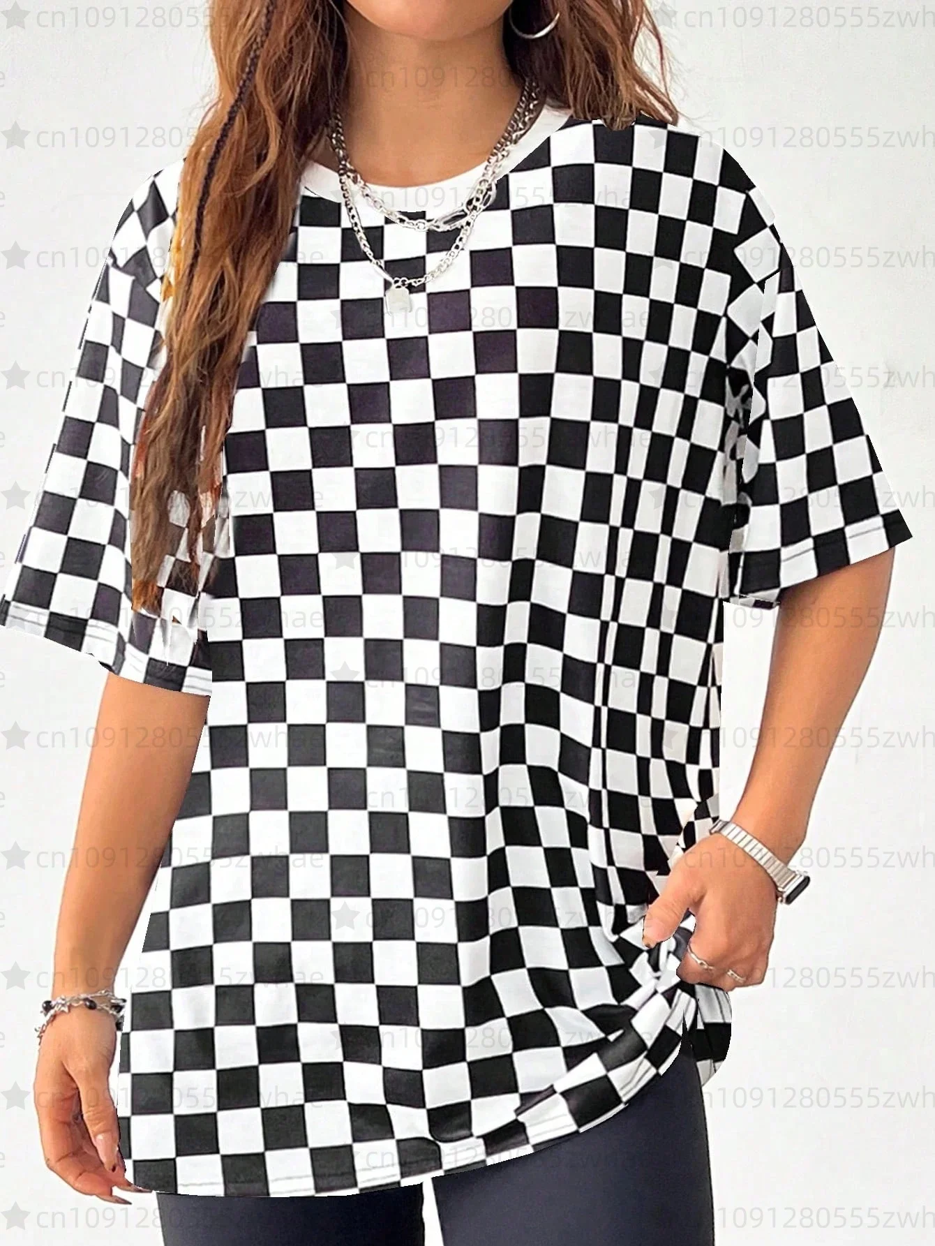 New Summer Women's Casual Minimalist Black and White Checkered Full Print Round Neck Loose Short Sleeved T-shirt For Women