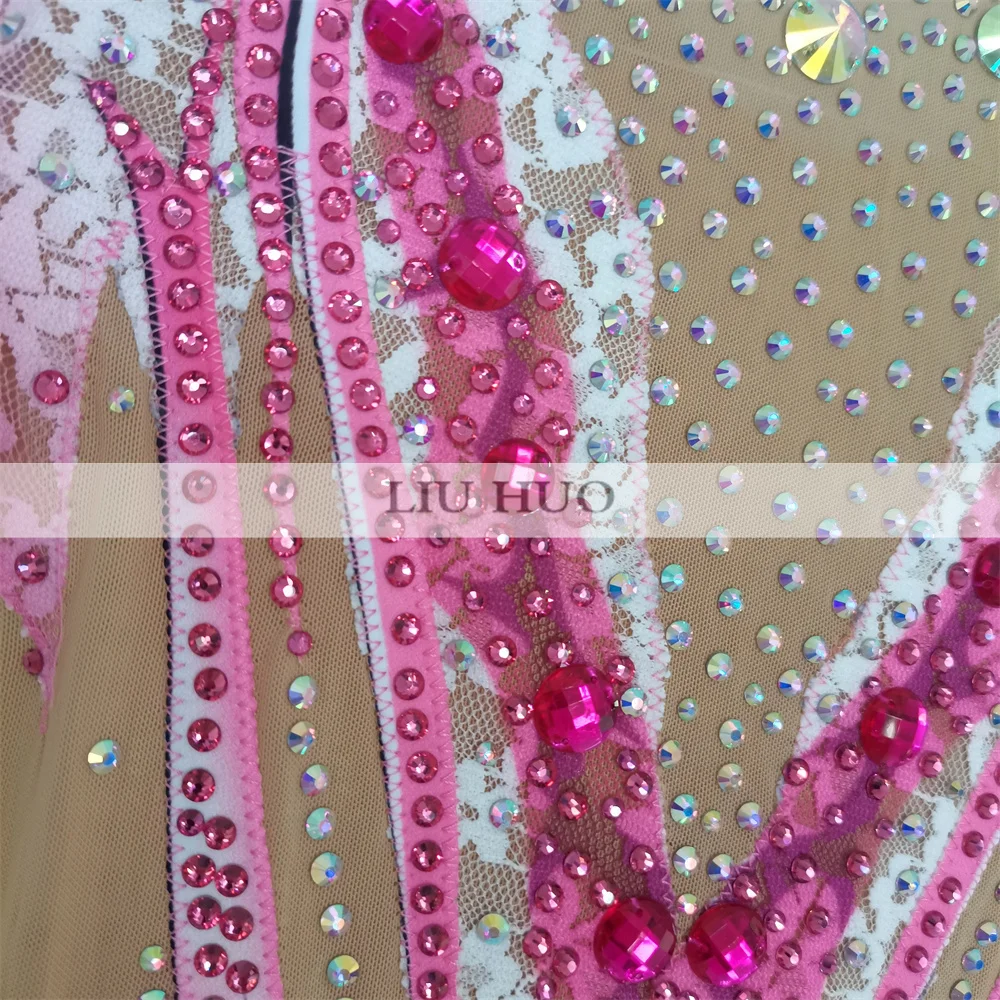 LIUHUO Rhythmic Gymnastics Leotard Customize Adult Women Girl Costume Performance Competition Dance Dress Pink Gradient Lace Kid