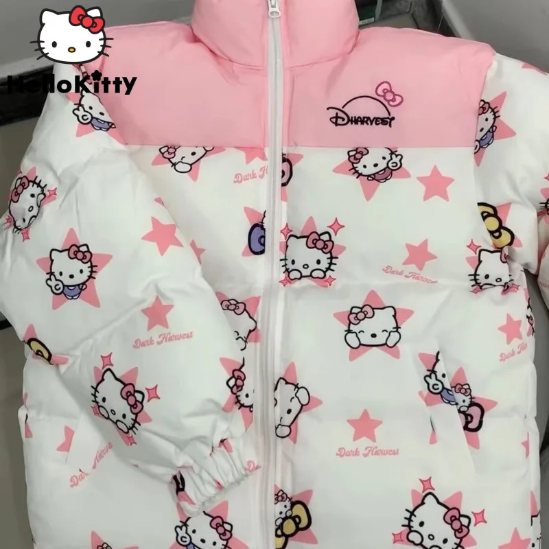 Sanrio Hello Kitty śliczny różowa gwiazda płaszcz Y2k jesienno-zimowy modne ciuchy kobiet bawełniane watowane kurtki bluza na zamek Harajuku topy