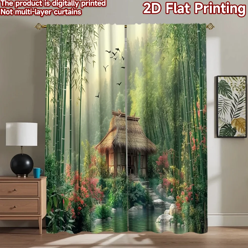 2D flat 2pcs Curtain Vintage drapes and curtains Bamboo Forest Cottage Pond Digitally printed polyester, colorfast Birthday