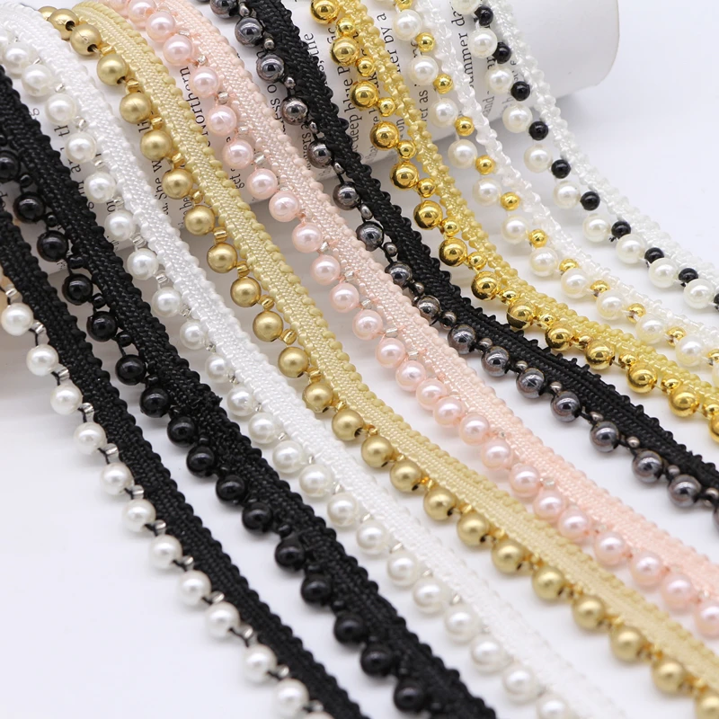 1Yard DIY Hand-stitched Pink Pearl Glitter Beads Braid Lace Ribbon Wedding Dress Skirts Collar Neckline DIY Sewing Appliques