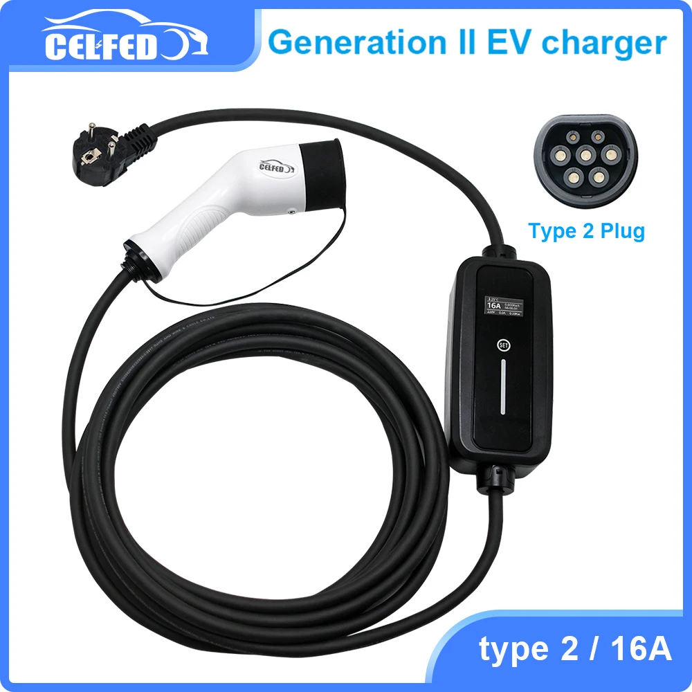 Portable EV Charger Type 2 Level 2 16A 1 Phase 3.5KW EVSE Adjustable Current Electric Vehicle Charger TPU 5M Cable for Home