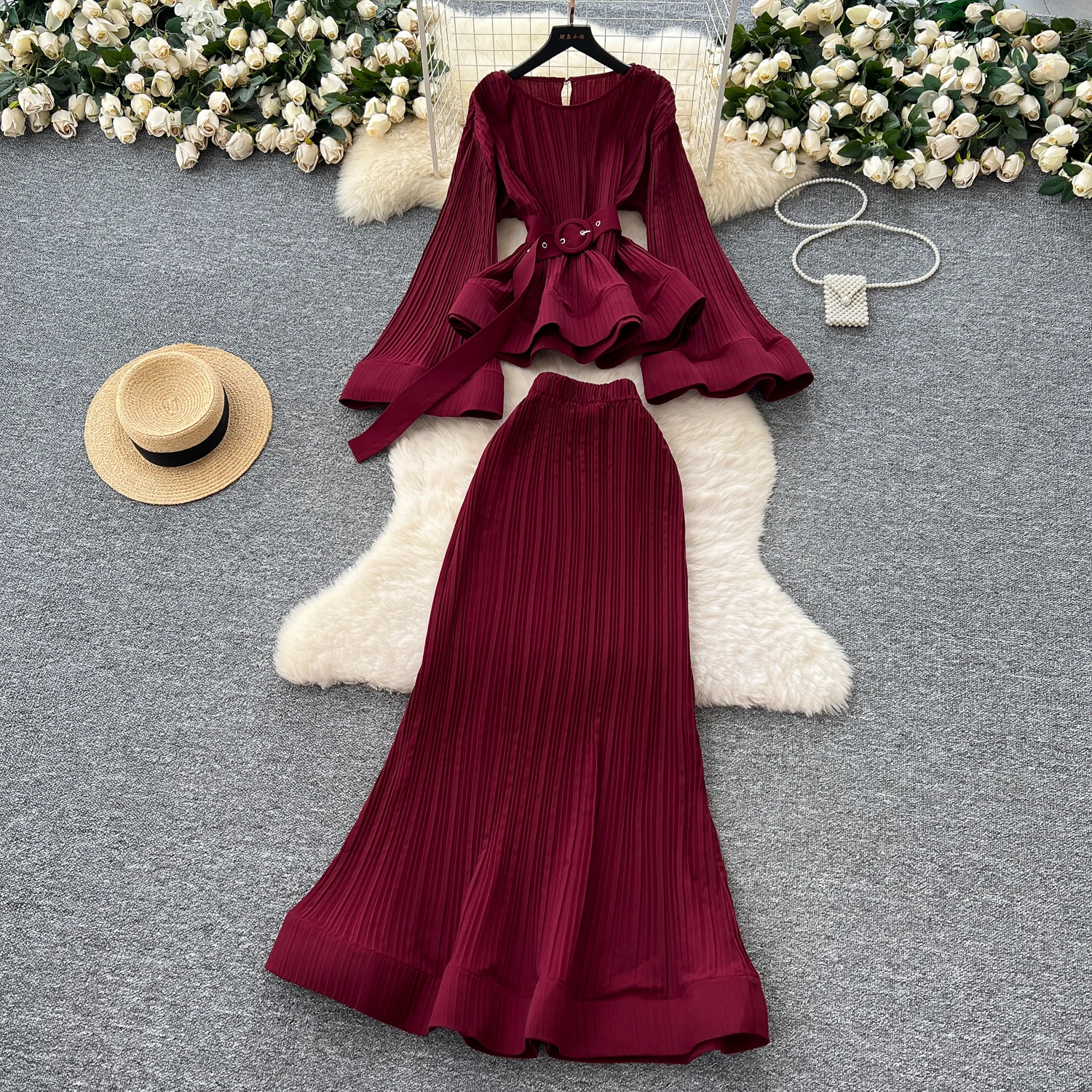 Lady Luxury Elegant Winter Suit Outfits Autumn Waist Belt 2pcs Set Festival Birthday Dinner Party Banquets Nightclub Evening Set