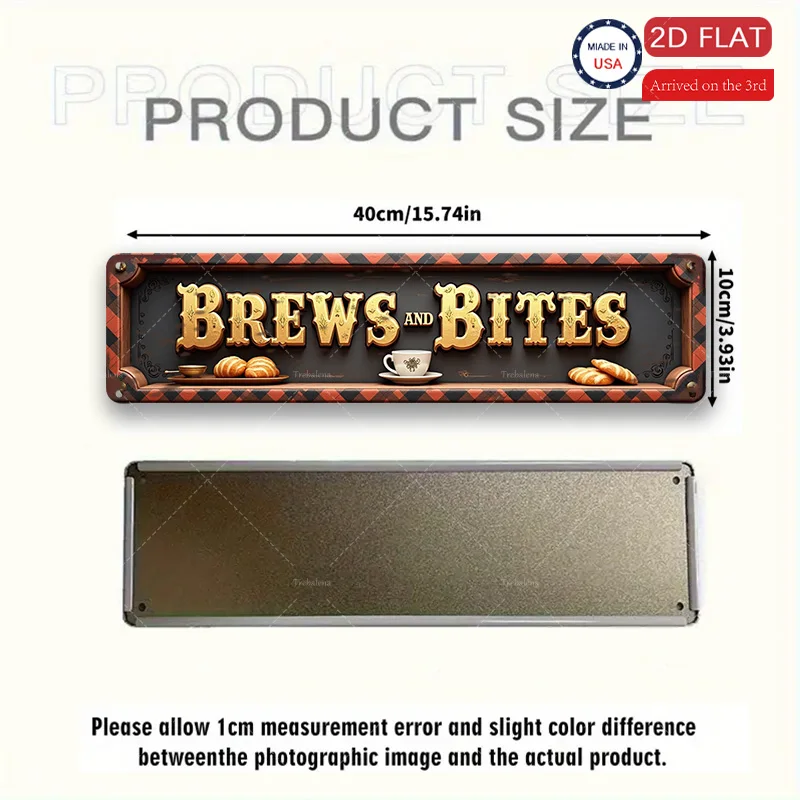 قطعة واحدة من لافتة معدنية، مقاس 4 × 16 بوصة "علامة "Brews and Bites" لديكور المقهى - فن معدني على الطراز العتيق"