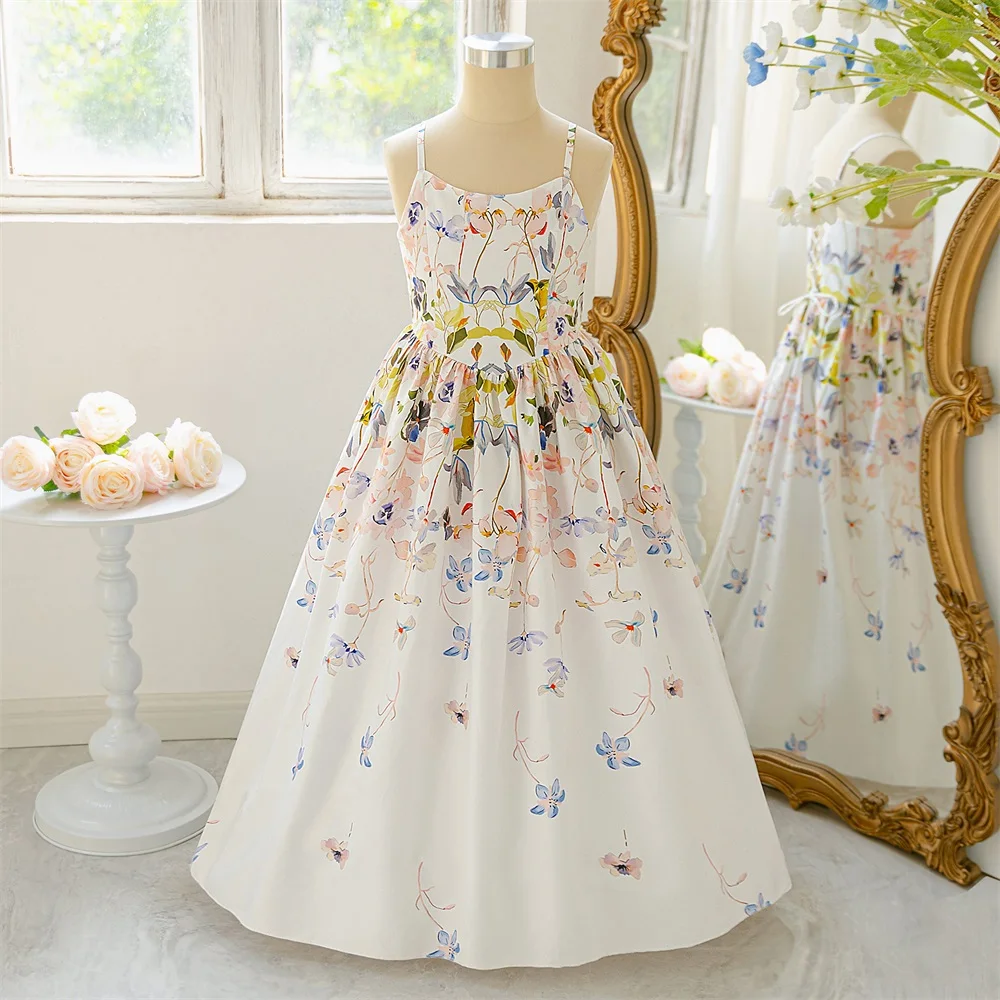 Blumenmädchen Prinzessin Print Trägerkleid Ballkleid Weiß Hochzeit Kinder Flauschiges Tüllkleid Geburtstagsfeier Klavier Auftrittskostüm