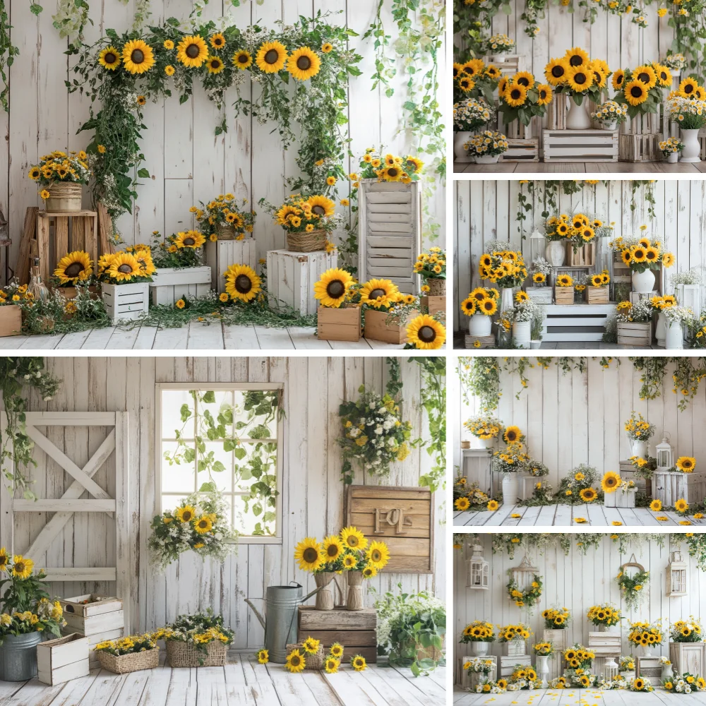 

Spring Sunflowers Photography Backdrop Rustic Wooden House Background Baby Shower Birthday Party Decor Banner Photo Booth Props