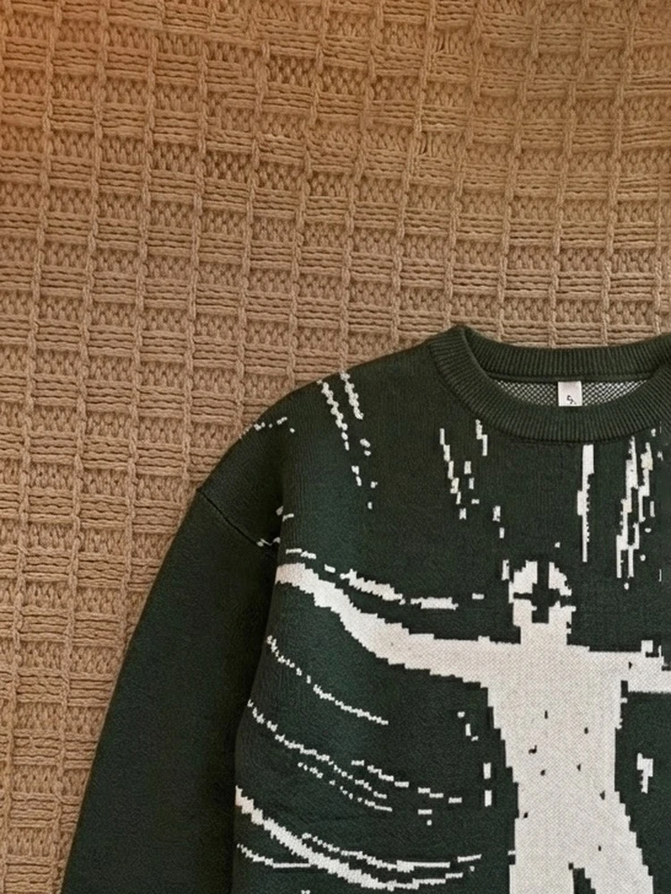 American Retro Vintage Pixel Explosion Portrait Knitwear Dark Style Men's Women's Knitted Top Animal Pattern Autumn Cardigan