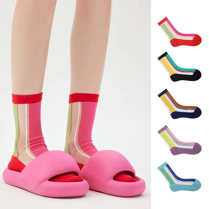 Summer Vintage Socks Breathable Thin Translucent Mid-calf Socks Ins Vertical Strip Colorful Spring Fall Fashion Wearing