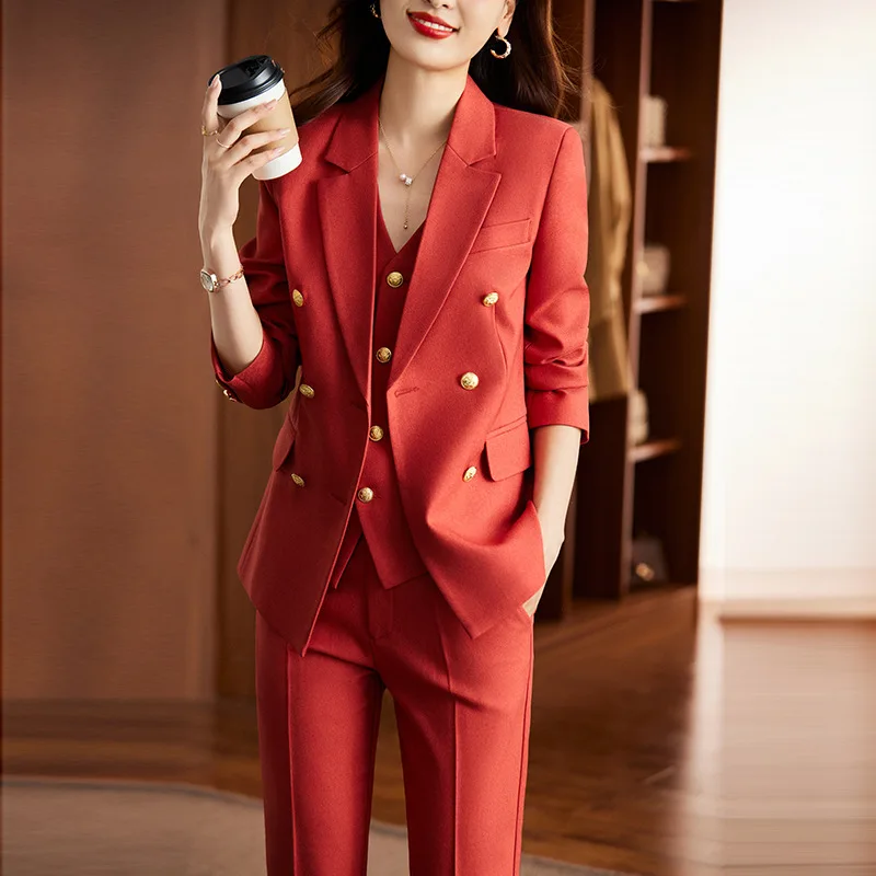 Women\'s Spring Fall Office Suit Fashion Blazer&Vest Pantsuit Simple Solid Color Long Sleeve Trousers Blazers Pants Sets