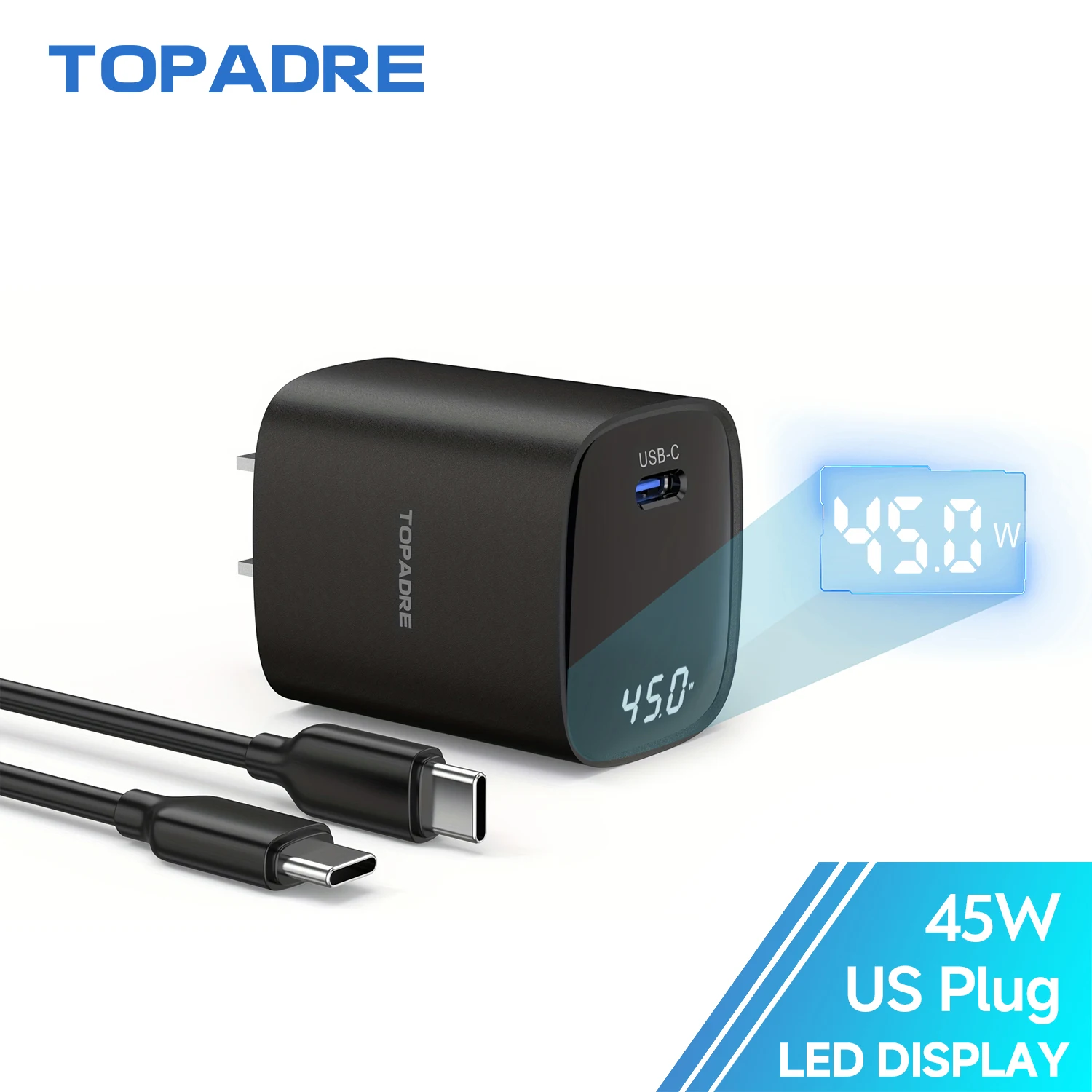 

Быстрое зарядное устройство USB C мощностью 45 Вт со светодиодным дисплеем, двухпортовое зарядное устройство для быстрой зарядки для iPhone, Ipad, серия Sumsamg