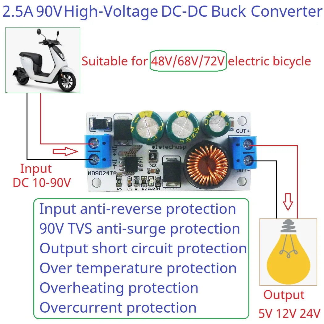 10-90V 30W Buck Converter Step Down Module 5V 12V 24V Output for Electric Car EBike UPS
