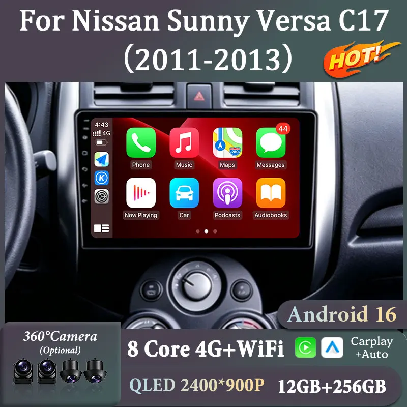 9 Inch Car Radio GPS Navigation Multimedia Player For Nissan Sunny Versa C17 2011‑2013 Wireless CarPlay Android Auto Bluetooth
