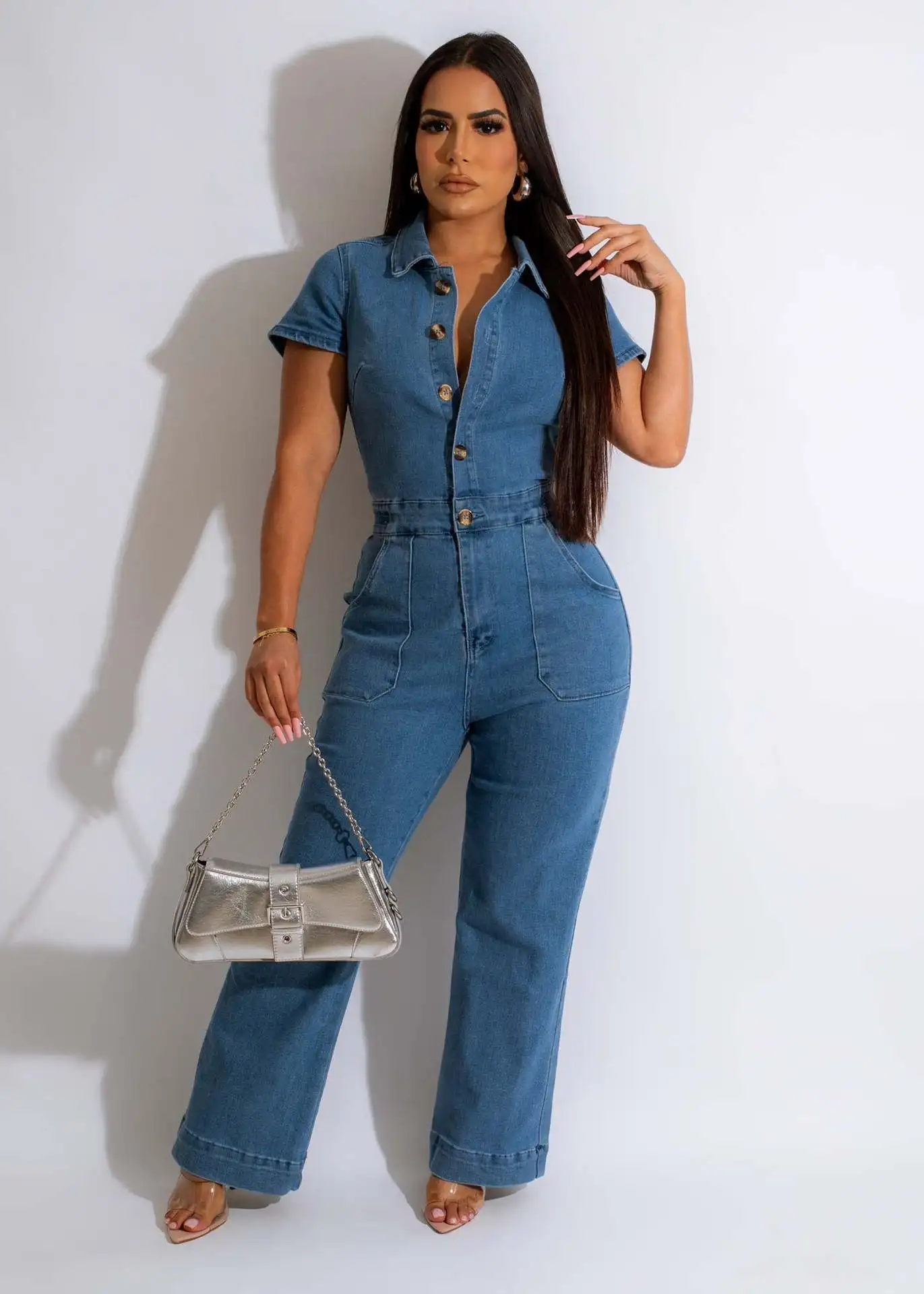 

Sexy Faionable Denim Jumpsuit ort Sve Wide Leg Pants Women's Cowboy Sle Cotton Fabric Button Detail Long Pants