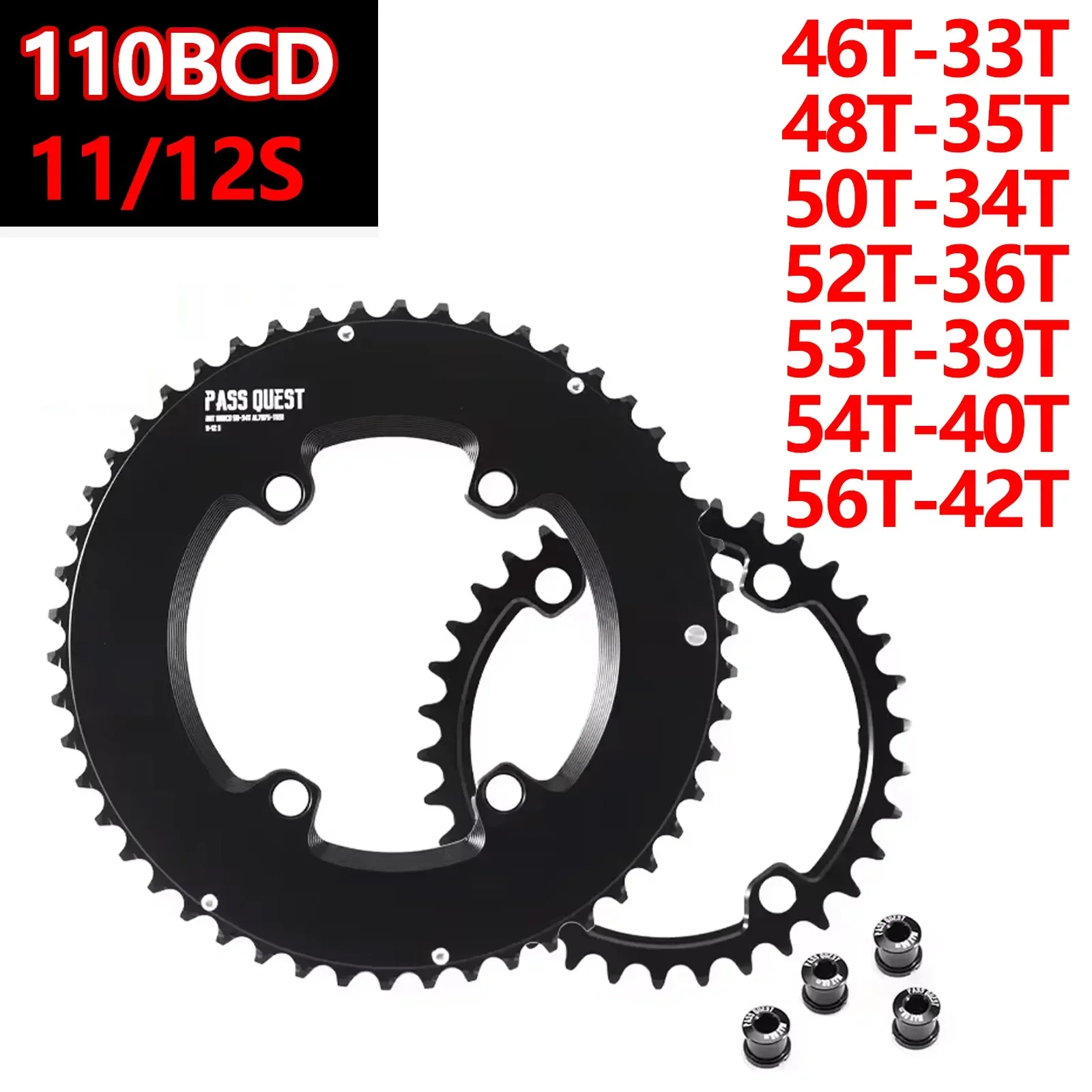 Pass Quest 110bcd 4 Bolt Double Chainring 46T-33T 48T-35T 50T-34T 52T-36T 53T-39T 54T-40T for 11 12S Ultralight Aluminum Black