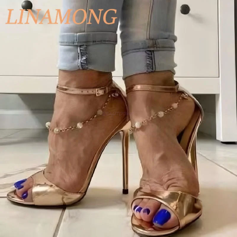 Golden One-Piece Sandals Fashionable Temperament Rose Gold Pearl Chain Decoration Ankle Buckle Strap High-Heeled Wedding Shoes