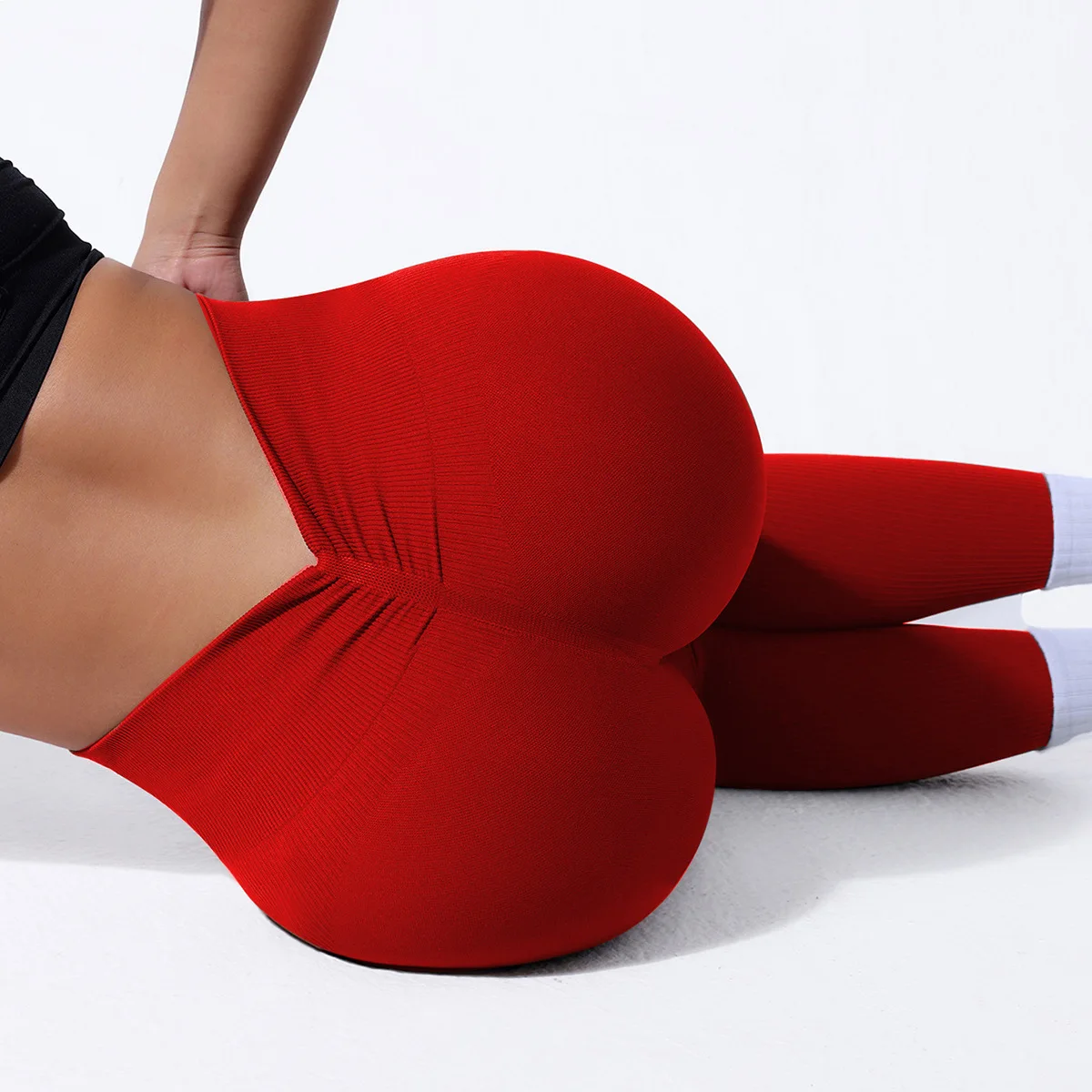 Yoga-Leggings mit V-Rücken und hoher Taille, nahtlose Strickstrumpfhose für Damen, schnell trocknend, Po-Lifting, modische, schlanke, hochelastische Leggings – Detail 11