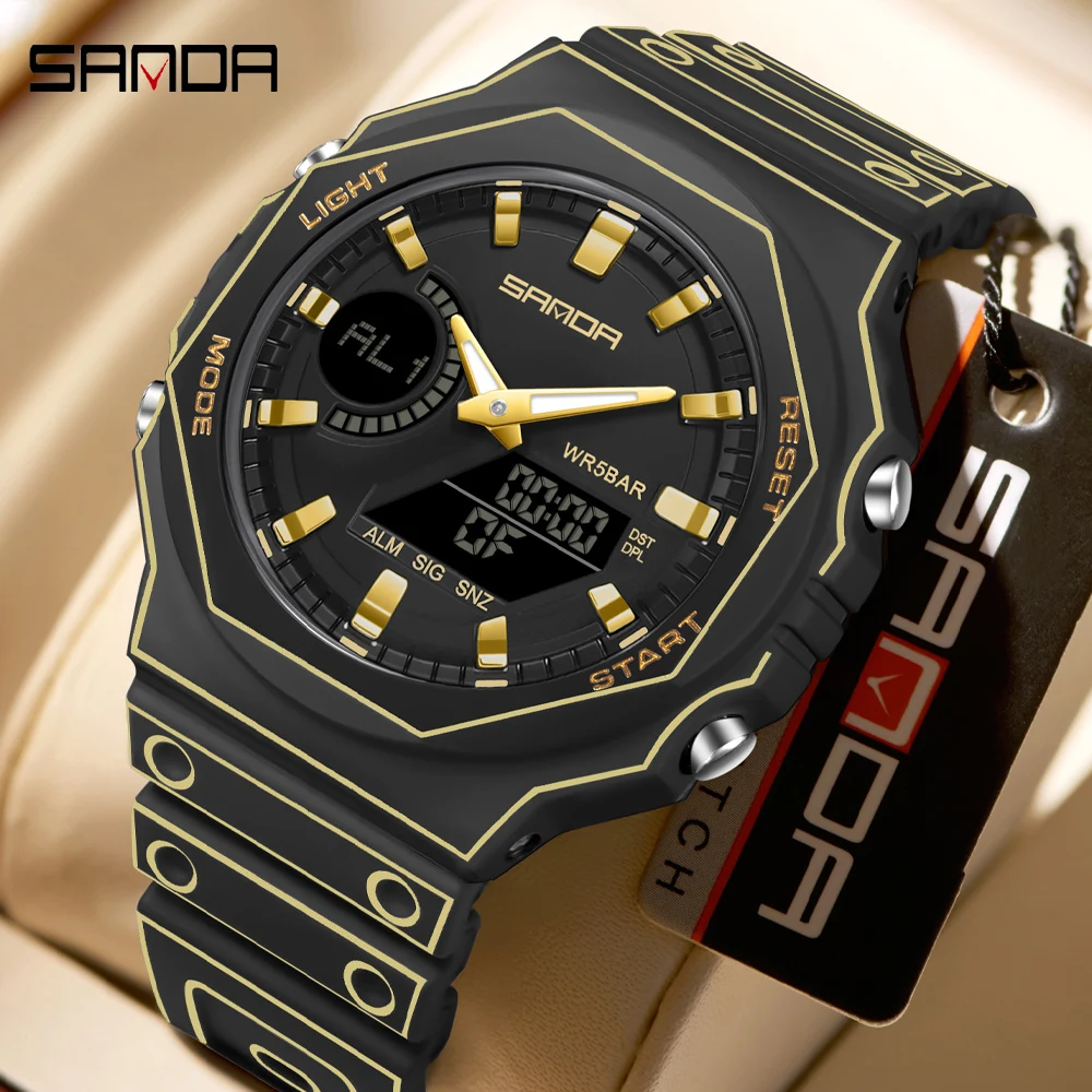 SANDA Top Men Clock LED Luminous Waterproof Week Date Alarm Man Watch Silicone Quartz Fashion Electronic Men's Watches