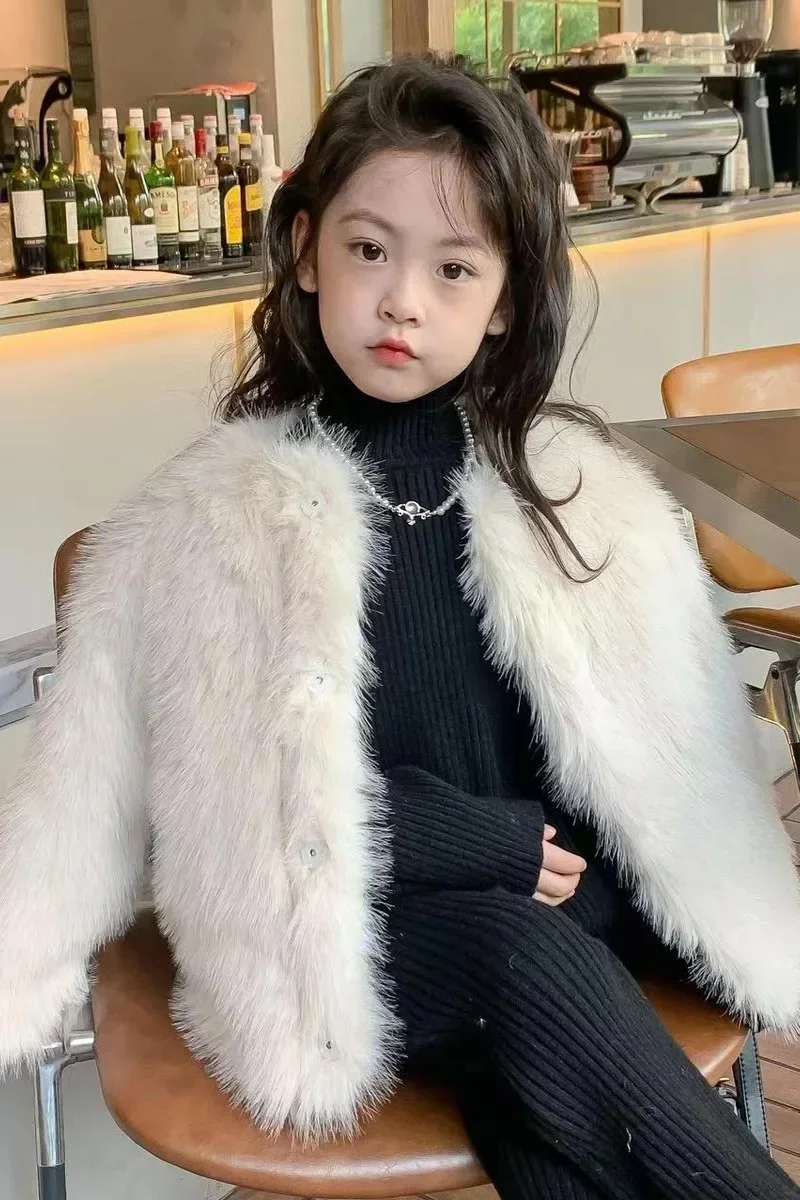 Fashion Hot 2027 Autumn Winter Childrens Fur Coat Girls Versatile Korean Baby Solid Color Round Neck Fur Top Round Collar