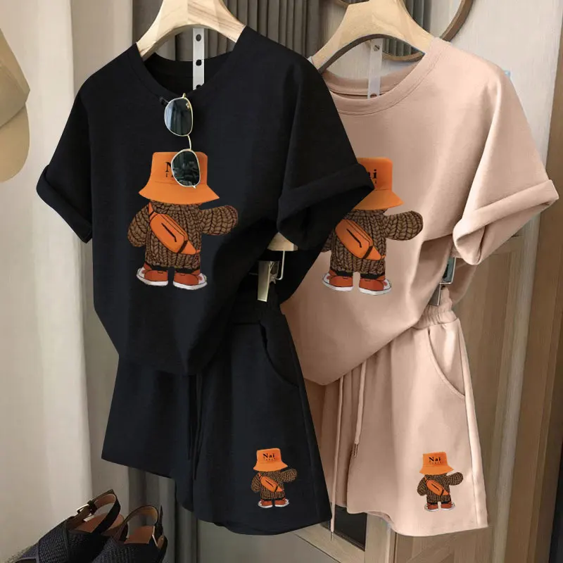 Conjunto de plones cortos de manga corta de aodón informal para mujer, ropa deportiva de dos piezas, cómodo, hoado, c...