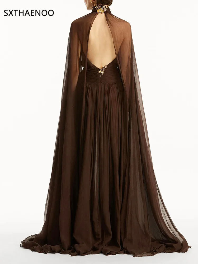 SXTHAENOO Solid Afslanken Gesplitste Plooien Temperament Jurken voor Vrouwen Hoge Hals Lange Mouwen Backless Sheer Jurk Vrouwelijke Nieuwe 2025