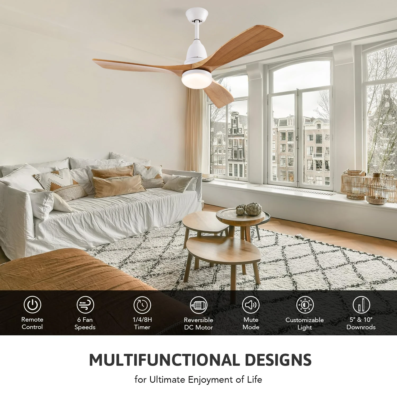 European Style Wooden Ceiling Fan with LED Light and Remote Control Silent Copper Motor, 6-Speed for living room bedroom