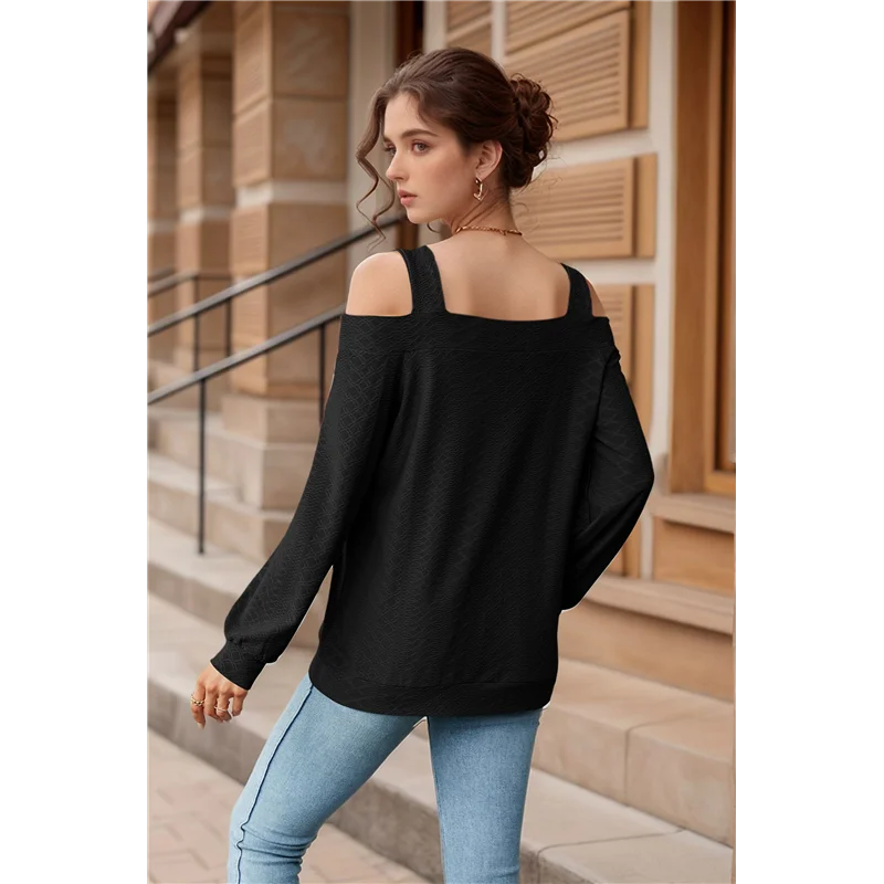 تي شيرت نسائي صيفي برقبة مربعة وأكتاف باردة وأكمام قصيرة وبلوزات بلون سادة