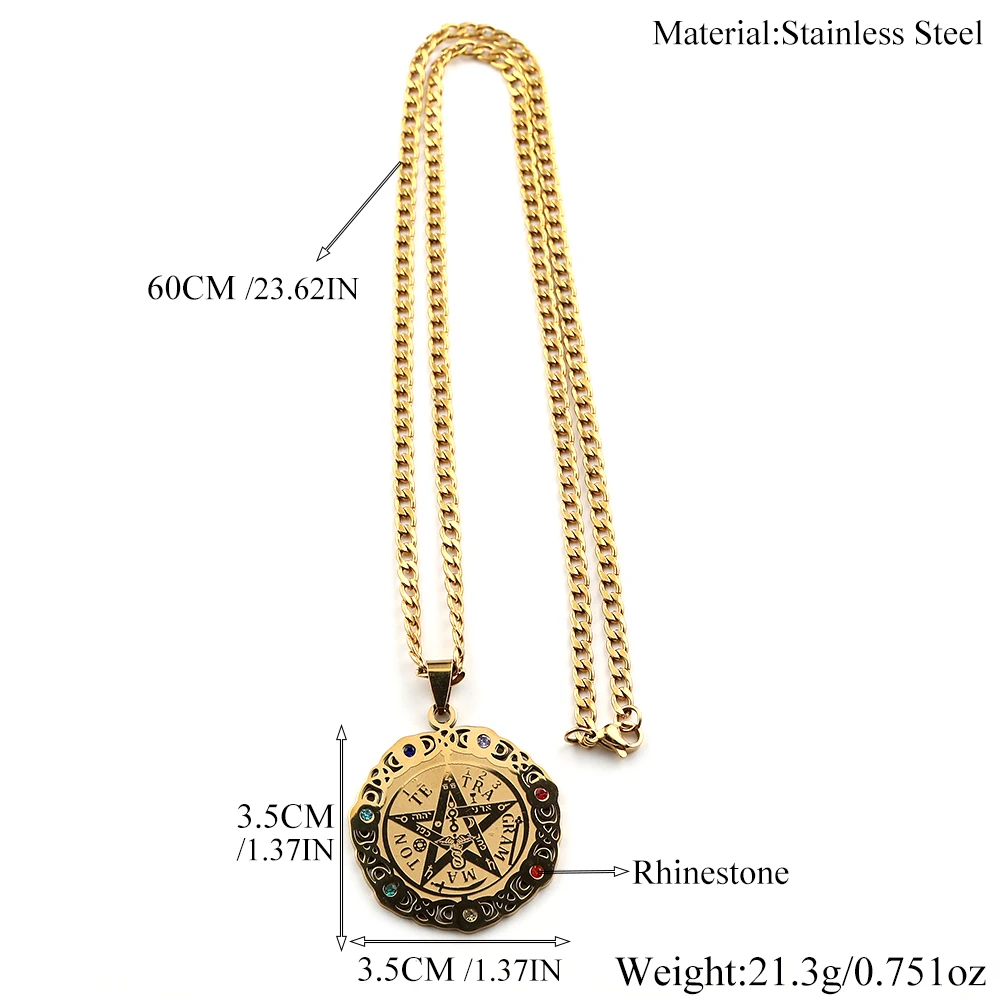 Tetragrammaton Pentagram 7 Chakra Jewish Necklace for Women Men Stainless Steel Triple Goddess Rhinestones Amulet Chain Jewelry - view 6