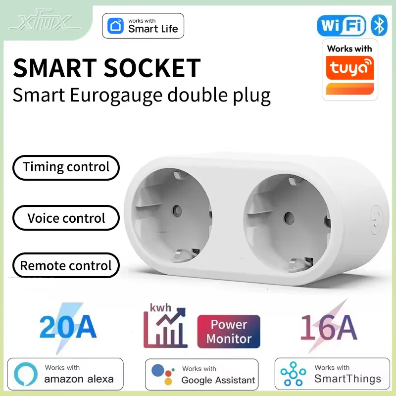 Wifi Smart Dual Plug Socket Eu 16A 20A 2 in 1 Function with Power Monitor Voice Control Smart  Life Works with Tuya Alexa Google