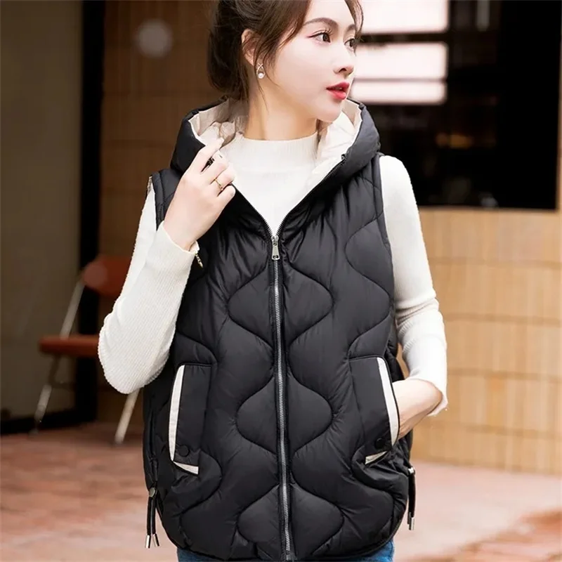 2024 New Oversized Cotton Vests Sleeveless Coat Women Autumn Winter Hooded Waistcoat Puffer Parkas Warm Down Cotton Outwear