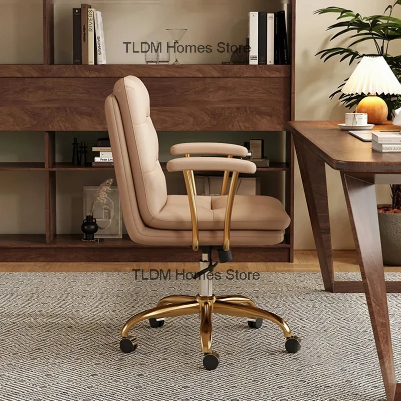 Italian Leather Office Chairs Home Bedroom Computer Chair Light Luxury Cream Style Office Meeting Backrest Armrest Gaming Chair image 2
