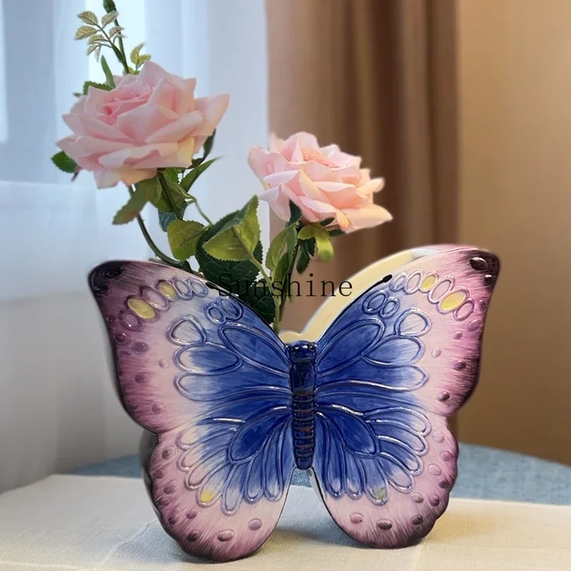 Ceramic handmade underglaze butterfly vase home decoration