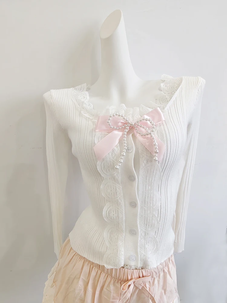 

Sweet Knitted Cardigans Women Lace Trim Long Sleeve Single Breasted White Sweaters Cute Tops for Girls Kawaii Cardigan