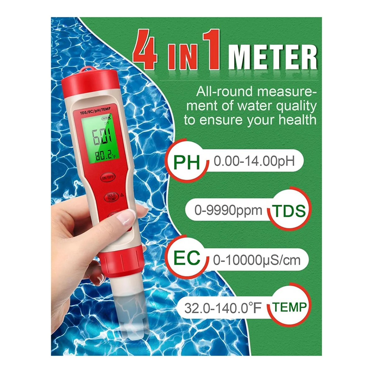 4-In-1 PH Meter, PH Meter, Digital PH Tester 0.01 High Accuracy with 0-14 PH Measurement Range,for Household Drinking