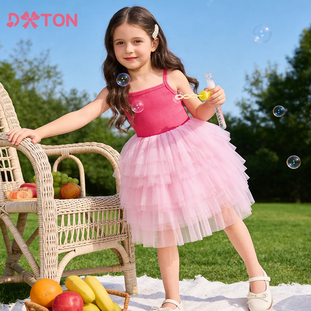 

DXTON Girls Sleeveless Summer Dress Knitted Sling Top with Tutu Skirt Kids Dress Clothing Fluffy Layer Mesh Girls Party Outfits
