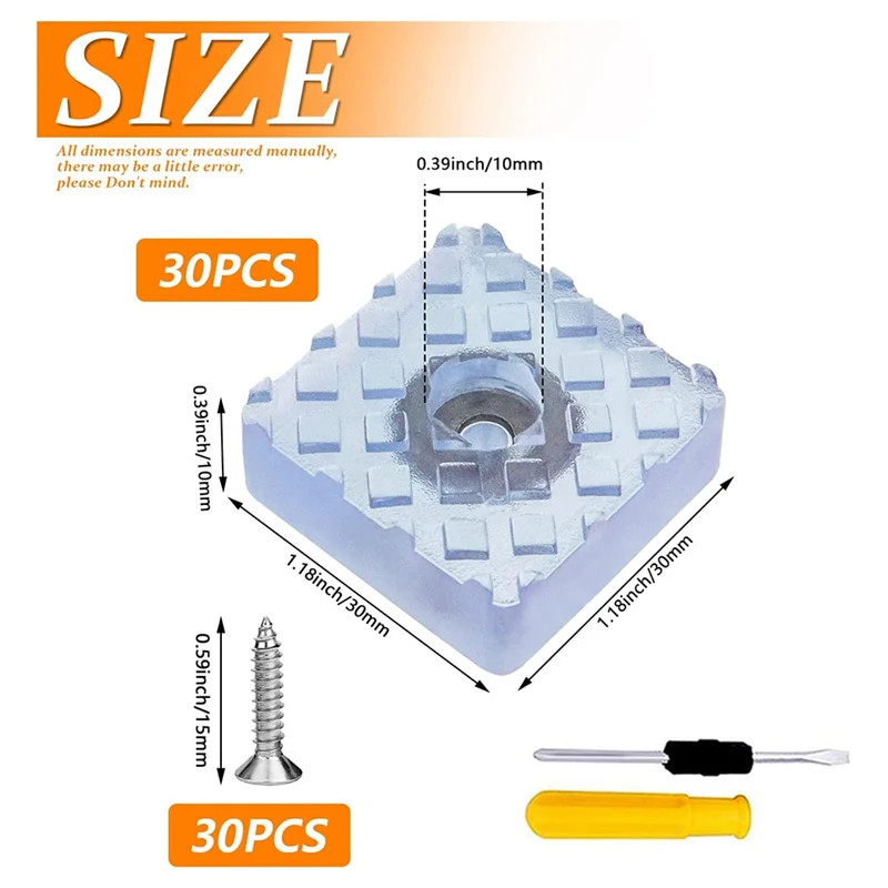 ABLN-30er-Pack verschraubbare Gummifüße, quadratischer Gummipuffer, 30 x 30 mm, Schutzpolster zum Schutz von Möbeln mit Schraubendreher