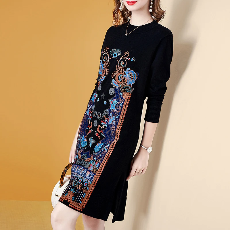 Autumn Winter Vintage Elegant Loose Knitted Dress Women Clothing Fashion Jacquard Knee Length Dress