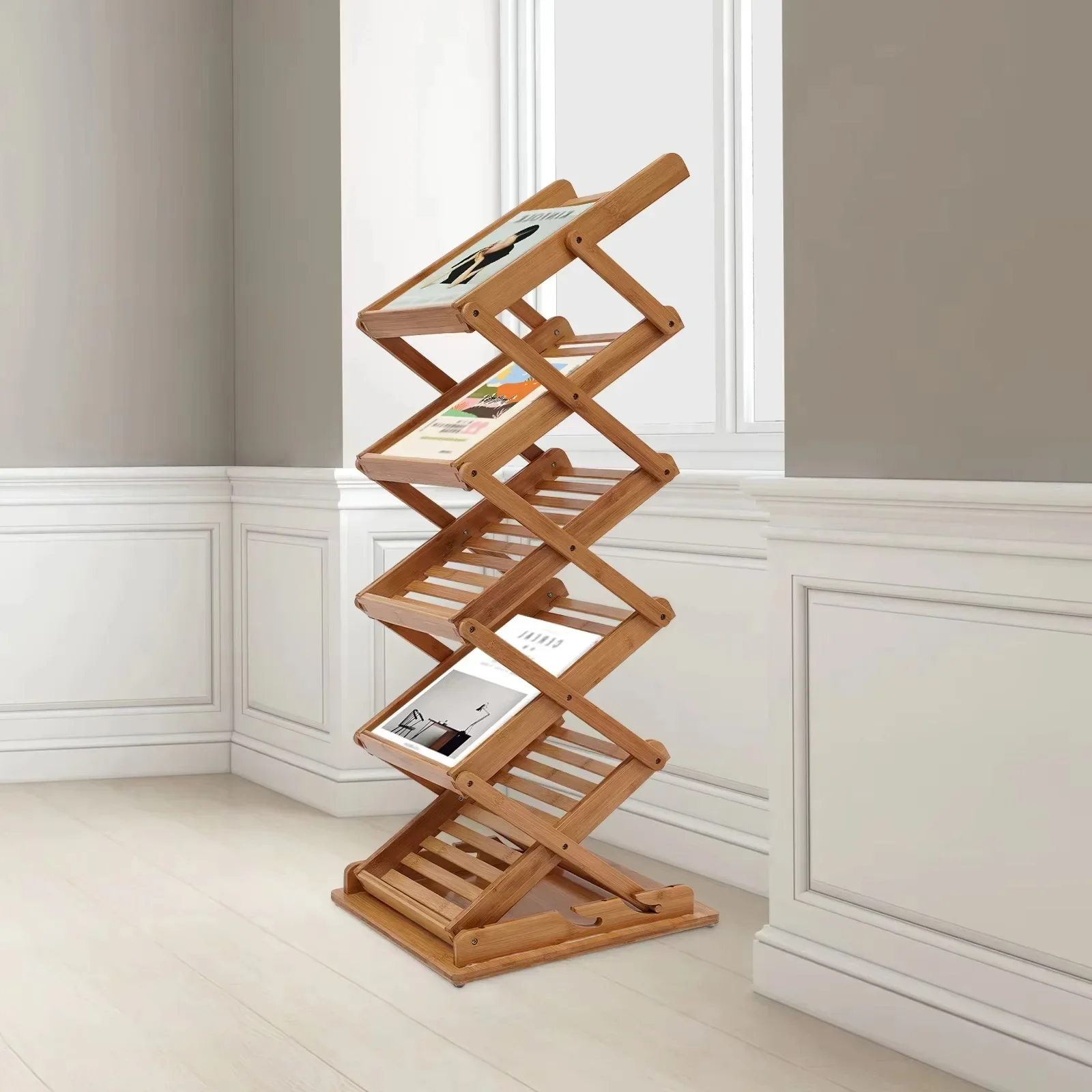Portable lightweight floor-to-ceiling display stand foldable five-layer bamboo magazine stand for office bookstores